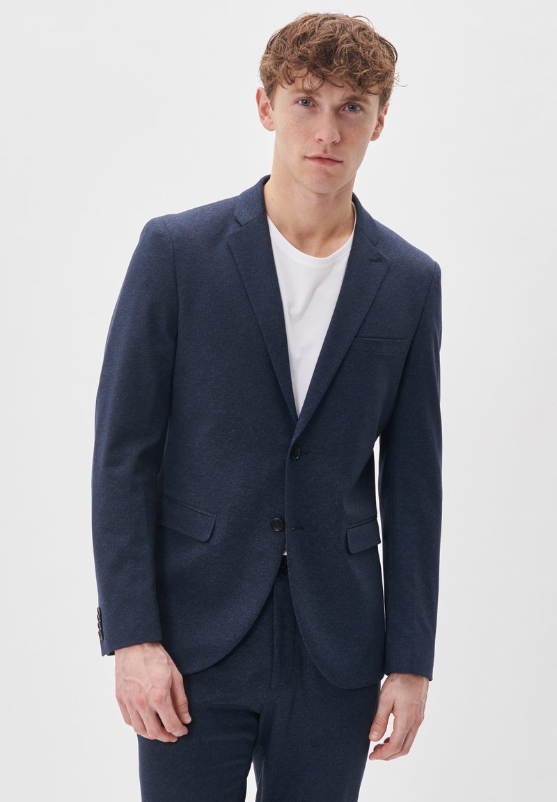 Navy blue wool blend suit jacket with notch lapels, two front pockets, a single-button closure, and textured fabric accent.