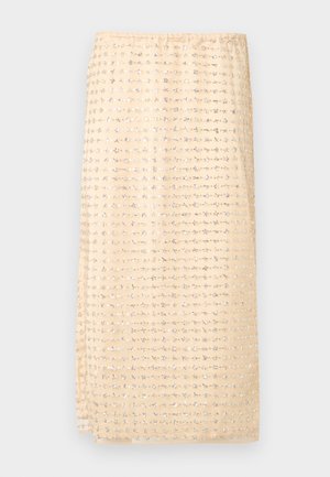 Saia bege com cintura franzida, apresentando bordado floral prateado em padrão de grade, tecido texturizado e forma fluida.