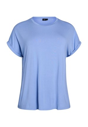 Light blue T-shirt made of soft fabric, featuring a round neckline, short rolled sleeves, and a loose-fit design. Smooth texture throughout.