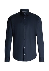 Marineblauwe herenoverhemd met lange mouwen, knopen vooraan en klassieke kraag op een witte achtergrond.