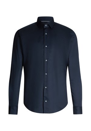 Marineblauwe herenoverhemd met lange mouwen, knopen vooraan en klassieke kraag op een witte achtergrond.