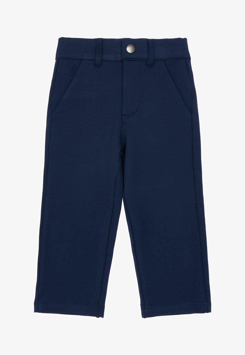Pantaloni blu navy realizzati in tessuto elastico; presentano una chiusura con bottone anteriore, due tasche laterali e cuciture allungate lungo i lati.