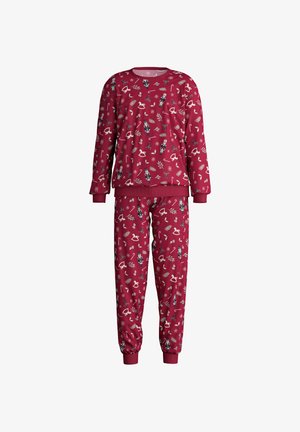 Rood pyjama set bestaande uit een langharig shirt en bijpassende broek, versierd met een feestelijk patroon van notenkrackers, sneeuwvlokken en bladeren.