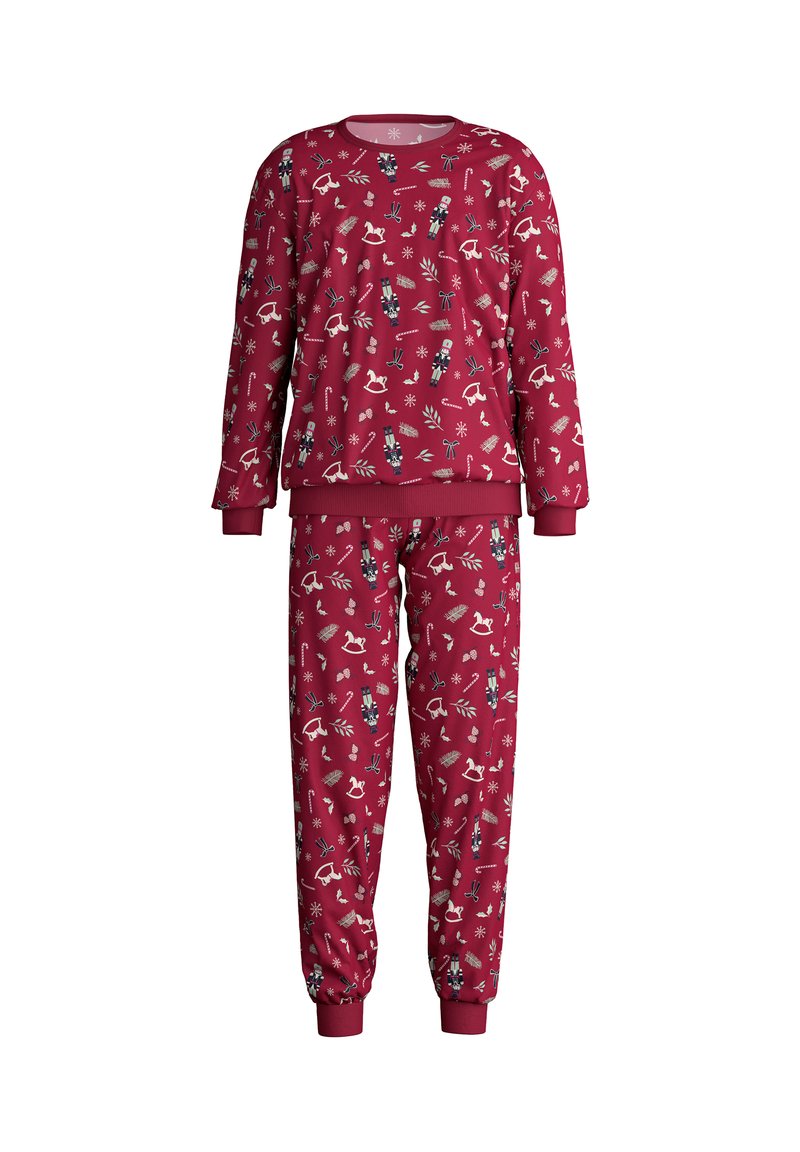 Ensemble de pyjama rouge comprenant un haut à manches longues et un pantalon assorti, décoré d'un motif festif de casse-noix, de flocons de neige et de feuillage.