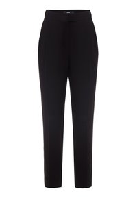 Zwarte broek van gladde stof, met een getailleerde pasvorm, rechte pijpen, een hoge taille en subtiele plooien aan de voorkant voor extra detail.