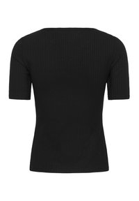 Top scurt cu maneci ribbate, de culoare neagră, cu o siluetă ajustată și un decolteu rotund, prezentat din spate pe un fundal alb.