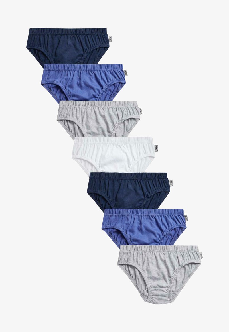 Ensemble de sept slips en couleurs variées : bleu foncé, bleu moyen, gris clair, blanc. Comprend des ceintures élastiques et un tissu doux et lisse.