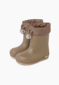 Botas de lluvia de goma marrón con una suela texturizada y un puño de tela con cordón. Presenta un logo en el costado y cierres trans»parentes con toggle.