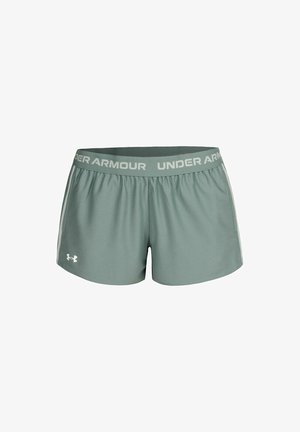 Light green athletic shorts with a wide elastic waistband featuring "UNDER ARMOUR" in white. Smooth fabric with side accents and logo detail.