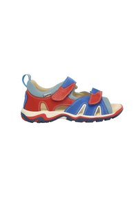 Kinder sandalen met een blauw en rood ontwerp, voorzien van klittenbandsluitingen, open tenen, ademend mesh bovenwerk en een stevige rubberen zool.