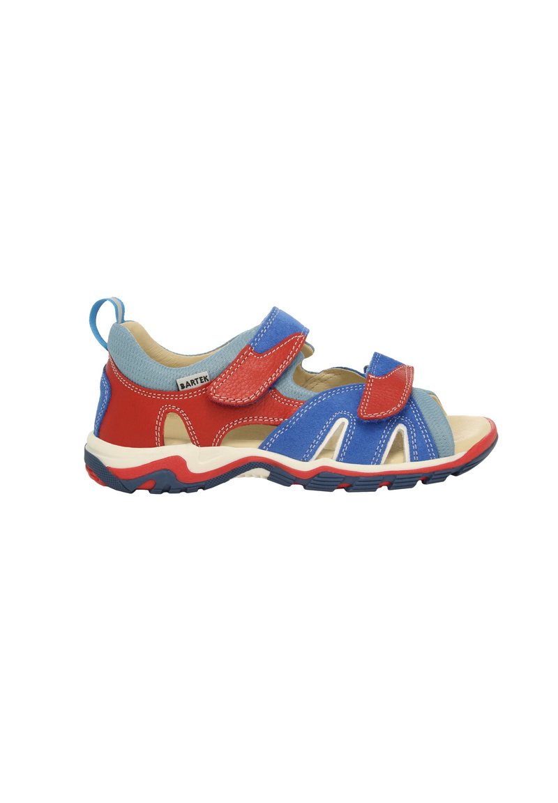 Kinder sandalen met een blauw en rood ontwerp, voorzien van klittenbandsluitingen, open tenen, ademend mesh bovenwerk en een stevige rubberen zool.