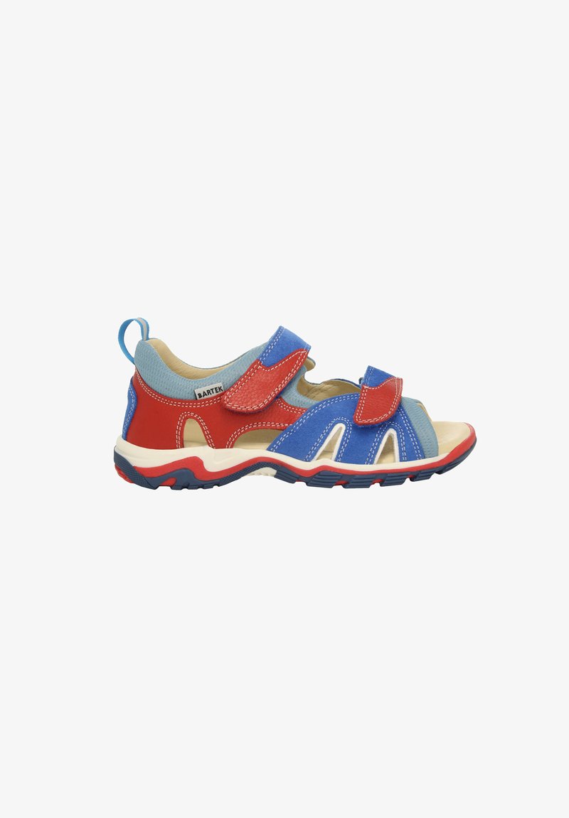 Kinder sandalen met een blauw en rood ontwerp, voorzien van klittenbandsluitingen, open tenen, ademend mesh bovenwerk en een stevige rubberen zool.