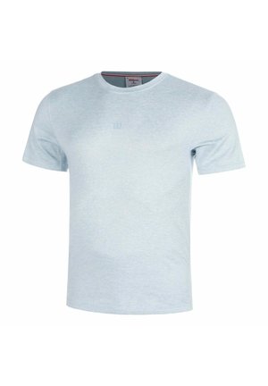 Hellblaues T-Shirt mit kurzen Ärmeln und rundem Halsausschnitt, mit dezentem Wilson-Logo auf der Brust, aus weichem Baumwollstoff.