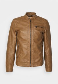 Giacca in pelle marrone con colletto alto, zip frontale, tasca sul petto con zip e due tasche laterali, caratterizzata da una texture liscia.