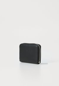 Black leather wallet with a rectangular shape, featuring a silver zipper closure and a sleek, smooth texture. No visible patterns or accents.