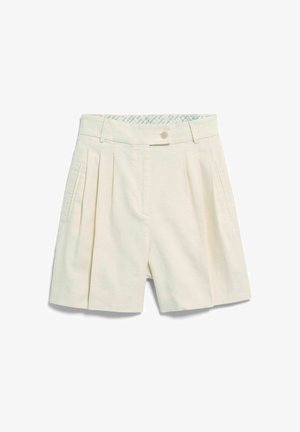 Shorts crema a vita alta con pieghe, tasche laterali, chiusura con bottone e passanti per cintura, mostrati distesi su sfondo bianco.