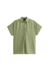 Polo a maniche corte di colore verde chiaro con un motivo a griglia testurizzato, dotato di colletto e una mezza patta per la chiusura.