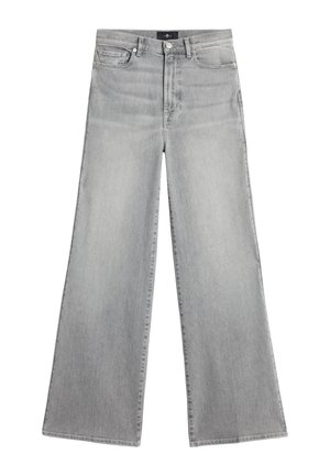 Gray wide-leg jeans made from denim. Features a high waist, front pockets, and a clean hem. Subtle fades create a textured look.