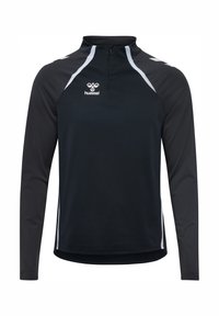 Black long-sleeve athletic top with a half zip, featuring white side accents and a logo on the chest, made from a breathable fabric.