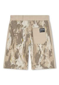 Pantaloni corti beige con un motivo camouflage nelle tonalità di marrone, crema e giallo; dotati di una tasca posteriore con un'etichetta nera del logo Timberland.