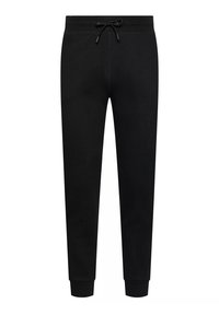 Schwarze Jogginghosen aus weichem Stoff mit einem elastischen Taillenbund und Kordelzug, mit Bündchen an den Knöcheln und einer glatten Textur.