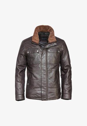 Braune Lederjacke mit einem Schafsfellkragen, ausgestattet mit zwei Vordertaschen, einem Reißverschluss und einer gesteppten Textur.
