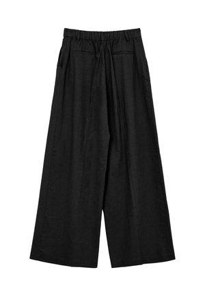 Pantaloni larghi neri realizzati in tessuto leggero, dotati di una vita elastica e due tasche laterali con una texture liscia.