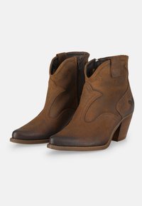 Botas de cuero marrón hasta el tobillo con punta afilada, tacón cónico y costuras decorativas. Presentan una cremallera lateral y una superficie texturizada.