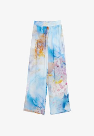 Pantaloni leggeri a gamba larga con un motivo ad acquerello blu e arancione. Fascia elastica in vita, tessuto morbido e silhouette fluida.