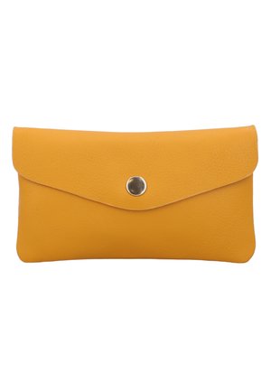 Yellow leather envelope-style clutch purse with a single silver button snap closure in the center front.