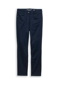 Schmal geschnittene, dunkelblaue Jeanshose aus Denim mit fünf Taschen, vorn mit Knopfschluss und kontrastierendem Nähten.