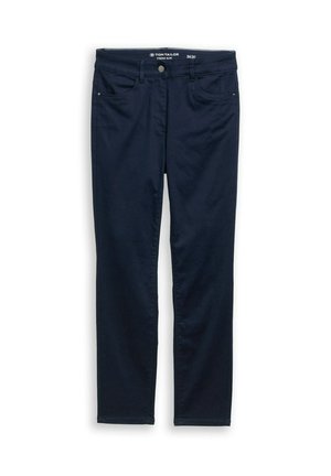 Slim-fit donkerblauwe denim broek met een vijf-pocket ontwerp, voorzien van een sluiting met een knoop aan de voorkant en contrasterende steken.