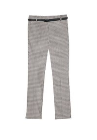 Černobílé kárované kalhoty s úzkým střihem, vybavené pasem a poutky na pásek, vyrobené z texturované látky.