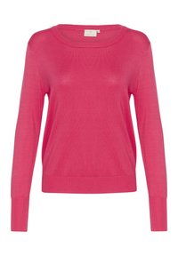 Pull en laine rose à manches longues avec un col rond. Fabriqué en tissu tricot léger. Présente une coupe décontractée et des poignets et un ourlet côtelés.