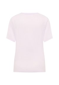 T-shirt a maniche corte in morbido tessuto lavanda chiaro con scollatura a girocollo e vestibilità rilassata. Design sul retro semplice senza caratteristiche aggiuntive.