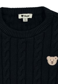 Maglione lavorato a maglia blu navy con motivo a trecce, colletto a coste e una toppa con logo di orso chiaro sul davanti. Etichetta della taglia inclusa.