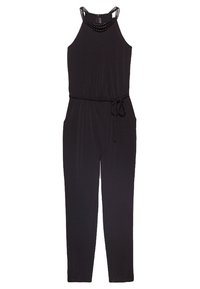 Black jumpsuit with a halter neck, featuring spaghetti straps, a fitted waist with a tie, and textured detailing at the neckline.