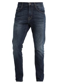 Lätta denimjeans i mörkblått, med rak bendesign, femficksstil och subtila blekningar på låren.