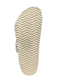 Semelle en caoutchouc avec un motif en zigzag, de couleur beige clair, et des trous de ventilation, avec une partie supérieure en textile blanc doux au fini texturé.