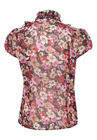 Blouse manches courtes avec col à volants et manches bouffantes, présentant un motif floral rose, rouge et beige sur un tissu noir transparent.