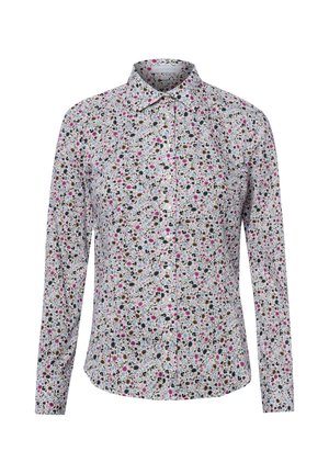 Overhemd met lange mouwen, knopen en kraag, met een dicht bloemenmotief in roze, zwart, groen en blauw op een witte achtergrond.