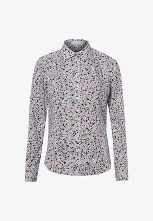 Overhemd met lange mouwen, knopen en kraag, met een dicht bloemenmotief in roze, zwart, groen en blauw op een witte achtergrond.