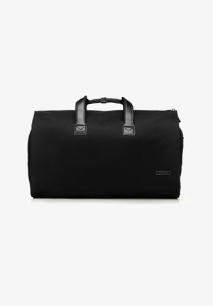 Borsa a duffle nera realizzata in tessuto con dettagli in pelle. Presenta un ampio scomparto con zip e manici superiori doppi per un facile trasporto.