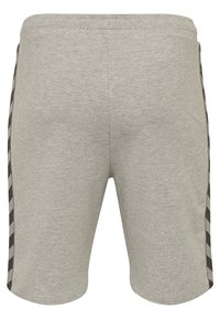 Grå bomullsshorts med en mjuk textur, elastisk midjeband och svarta rutiga sidostripes. Lämpliga för avslappnad användning eller träning.