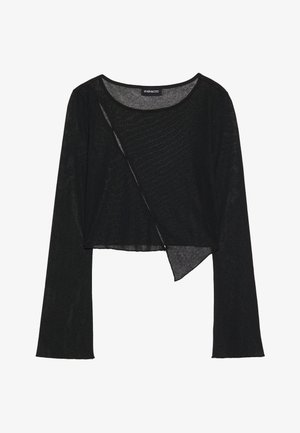 Black long-sleeve crop top in a lightweight, sheer fabric. Features a round neckline and an asymmetrical hem with a slight texture.