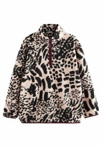 Fleece pullover med høj krave, med en halv lynlås, sort og beige dyreprint mønster, og en blød, struktureret overflade.