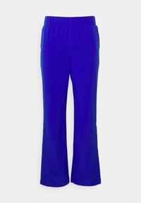 Blauwe joggingbroek met een elastische tailleband, zijzakken en drukknopdetails aan de zoom. Soepele textuur en een comfortabele pasvorm.