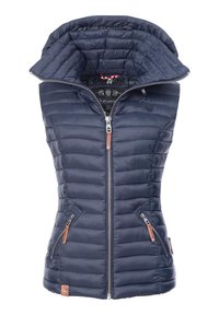 Marineblauwe puffer gilet met hoge kraag, gewatteerd ontwerp, rits aan de voorkant en twee zijzakken; bevat leren accenten op de ritsen.
