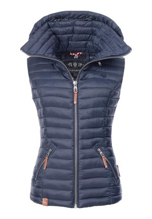 Navy puffer vest with a high collar, quilted design, front zipper, and two side pockets; features leather accents on zippers.