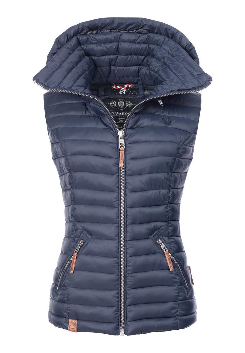 Marineblauwe puffer gilet met hoge kraag, gewatteerd ontwerp, rits aan de voorkant en twee zijzakken; bevat leren accenten op de ritsen.